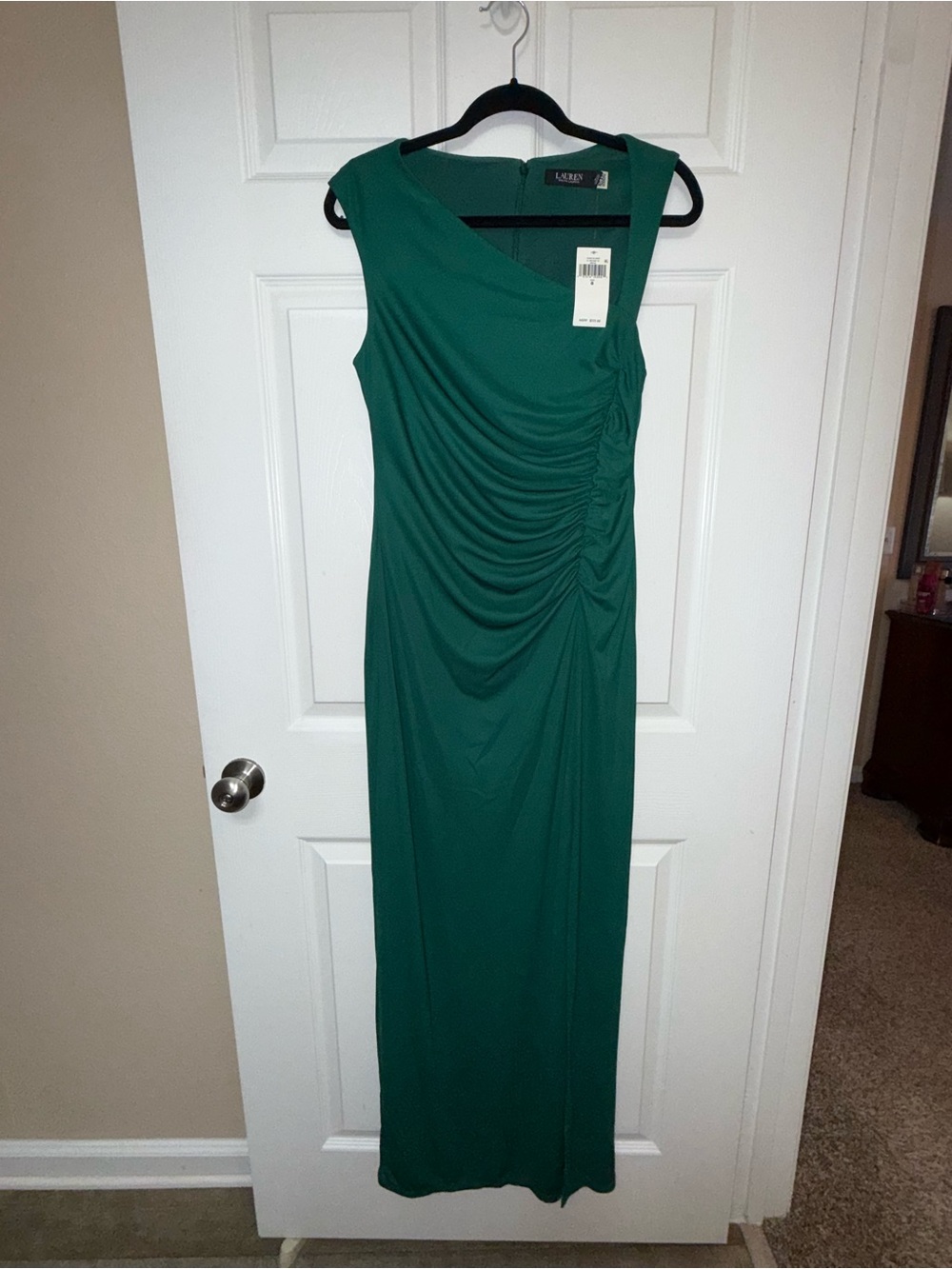 Ralph Lauren Emerald One-Shoulder Ruched Full Length Dress